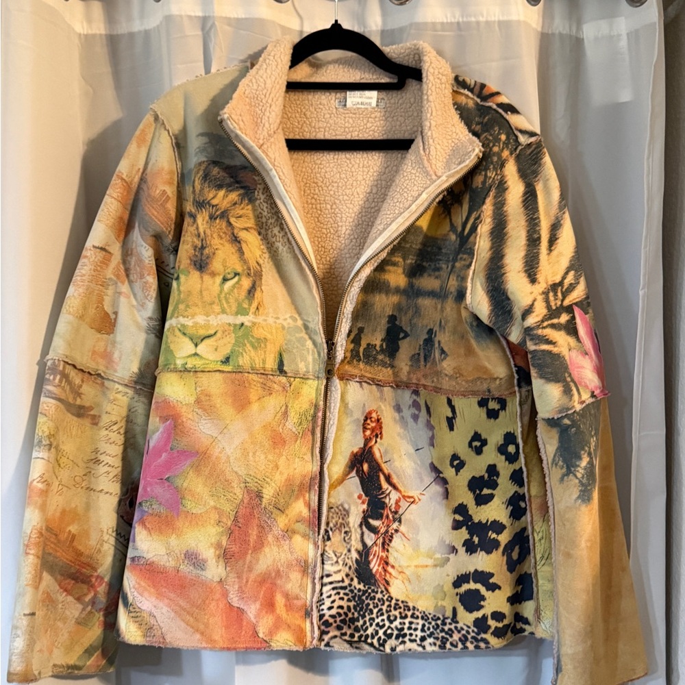 Vintage Alberto Makali Sherpa Lined Art Jacket Zip Front Multicolor S M - Picture 3 of 16